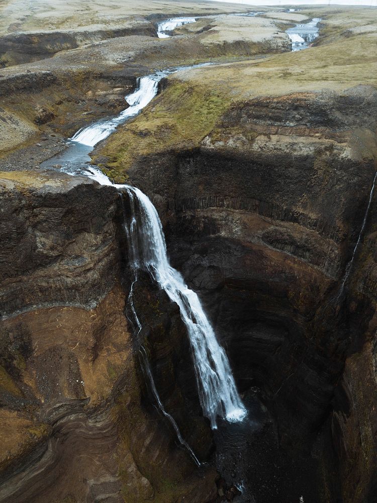 Drone shot of the Haifoss waterfall, Iceland