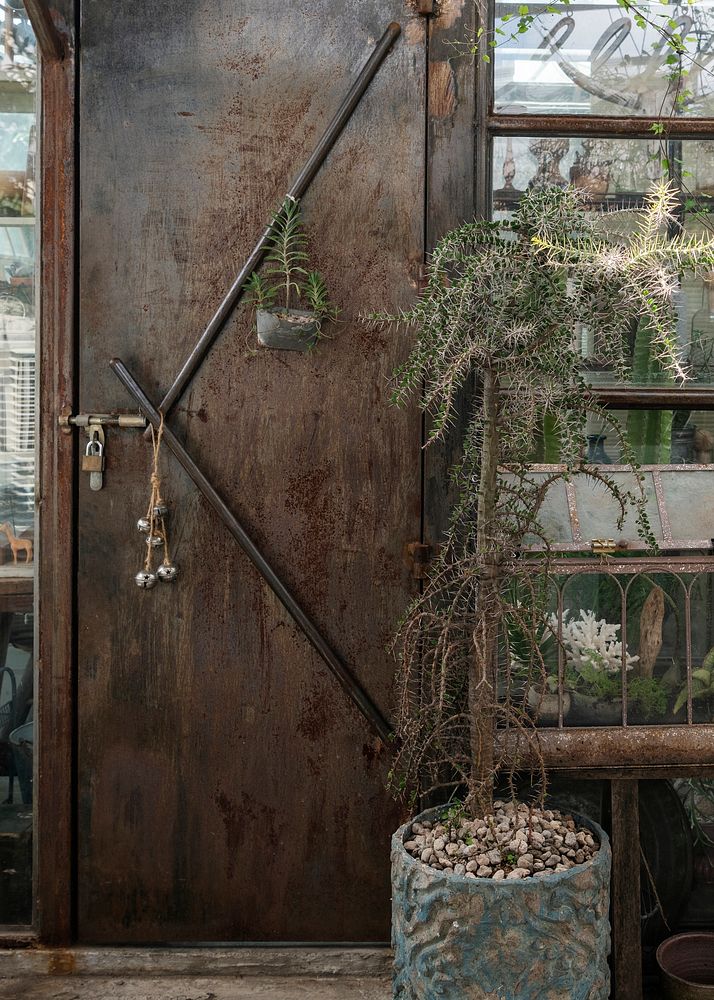 Rustic iron door of a glasshouse
