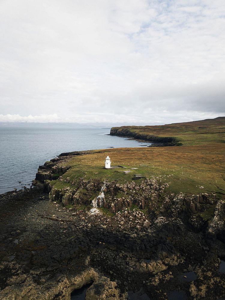 Drone shot of Vaternish Lighthouse at Isle of Skye, Scotland