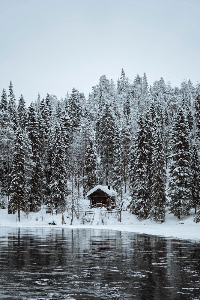 Snow-covered hut by  river in the Oulanka National Park, Finland