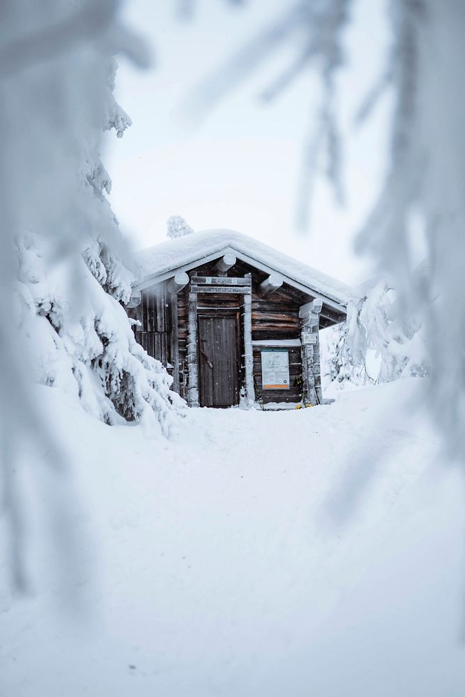Wooden cabin in a snowy forest in Finland