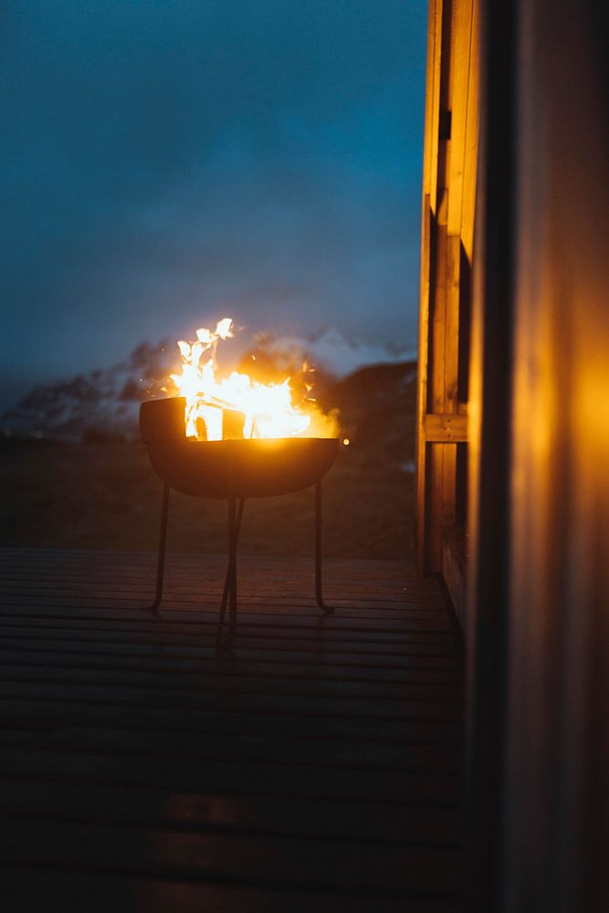 Fire pit overlooking the mountains on Lofoten island, Norway