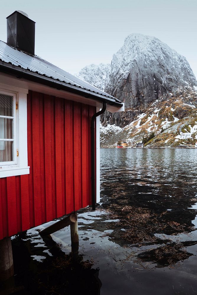 Red fishing cabin in Hamnoy, Norway