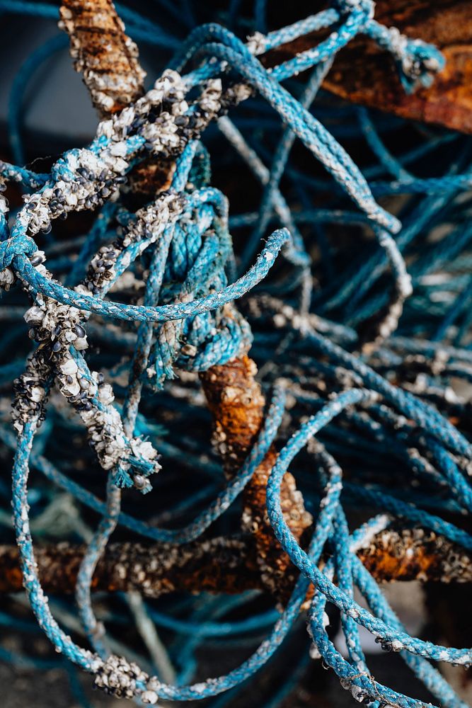 Blue ropes and rusty fishing equipment textured background