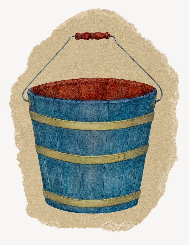 Vintage bucket, antique illustration, ripped paper design