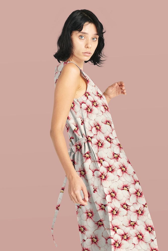 Woman's floral pattern long dress, remix from artworks by Megata Morikaga