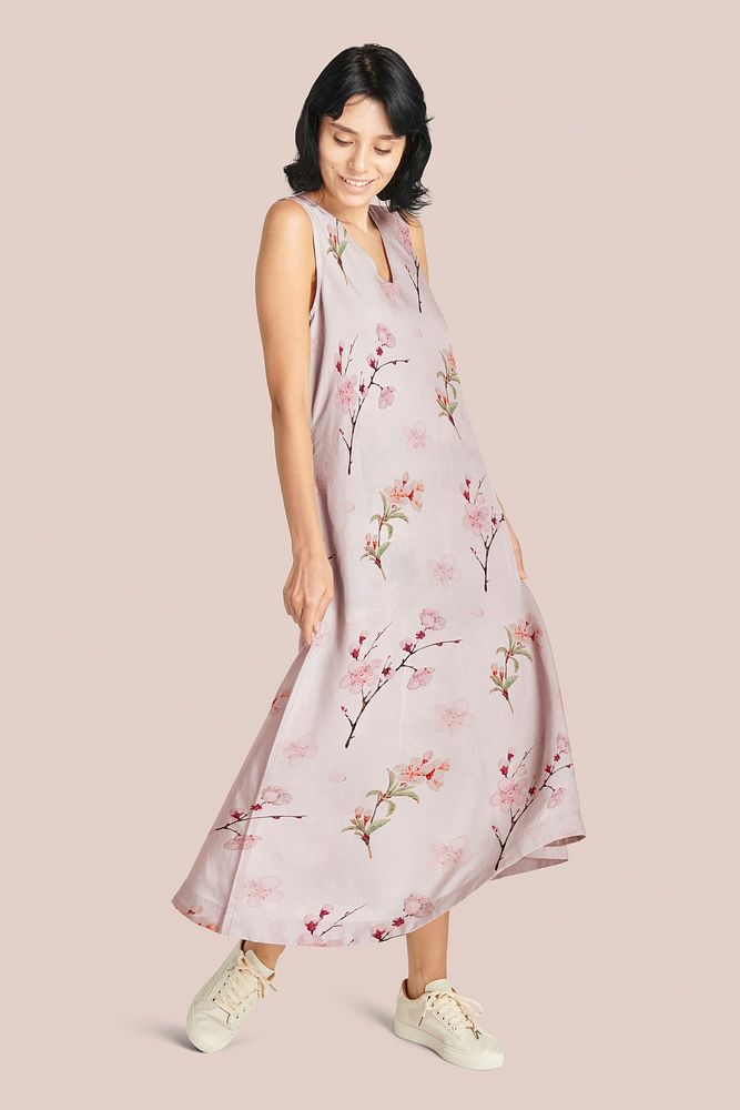 Woman's floral pattern long dress apparel, remix from artworks by Megata Morikaga
