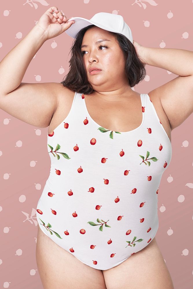 Asian plus size woman in swimming suit with floral pattern, remix from artworks by Megata Morikaga