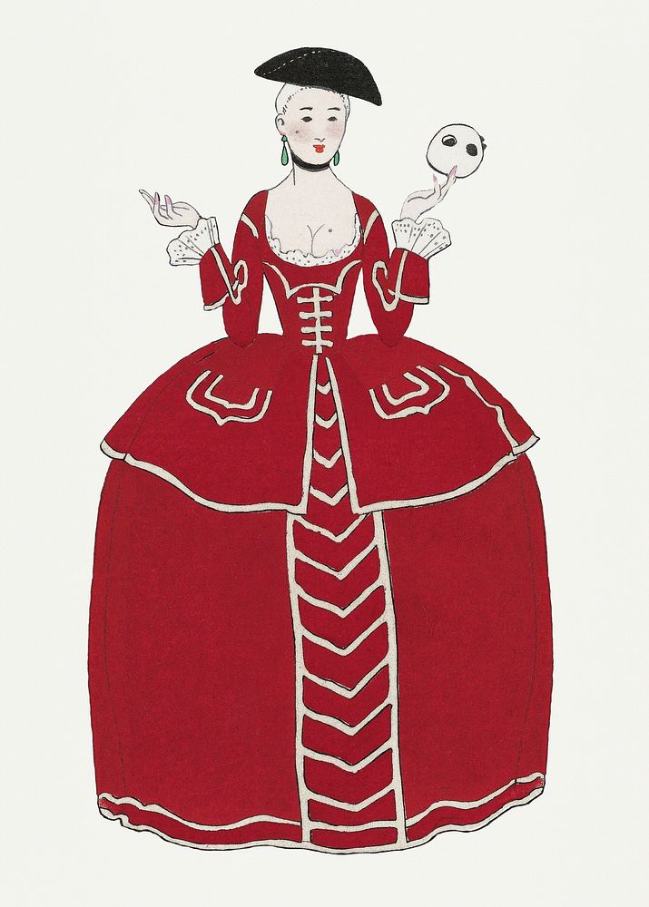 Red Victorian dress 19th century fashion, remix from artworks by George Barbier