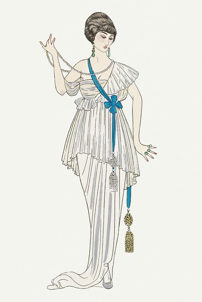 Woman in white dress 19th century fashion, remix from artworks by George Barbier