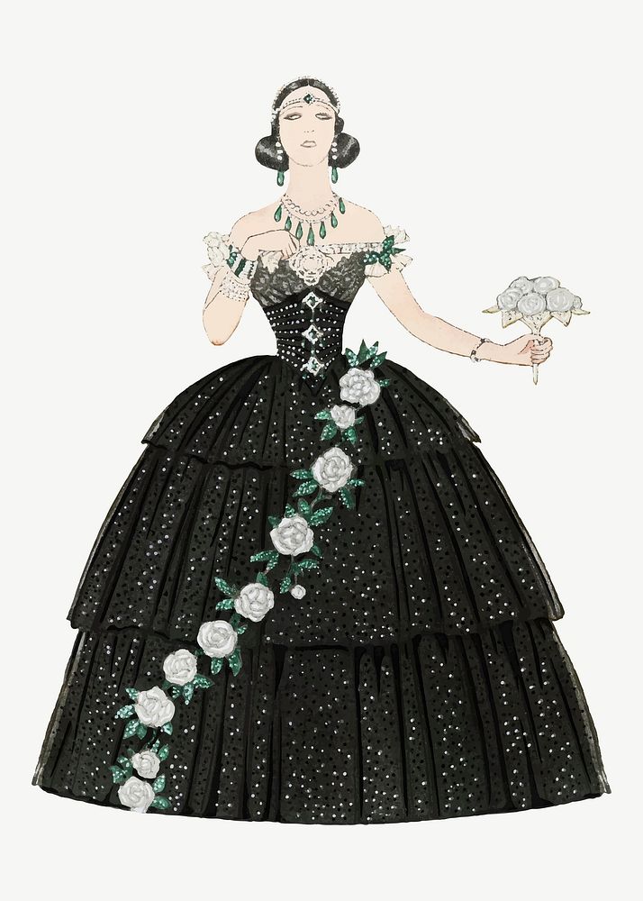 Actress in black dress vector holding a bouquet, remix from artworks by George Barbier
