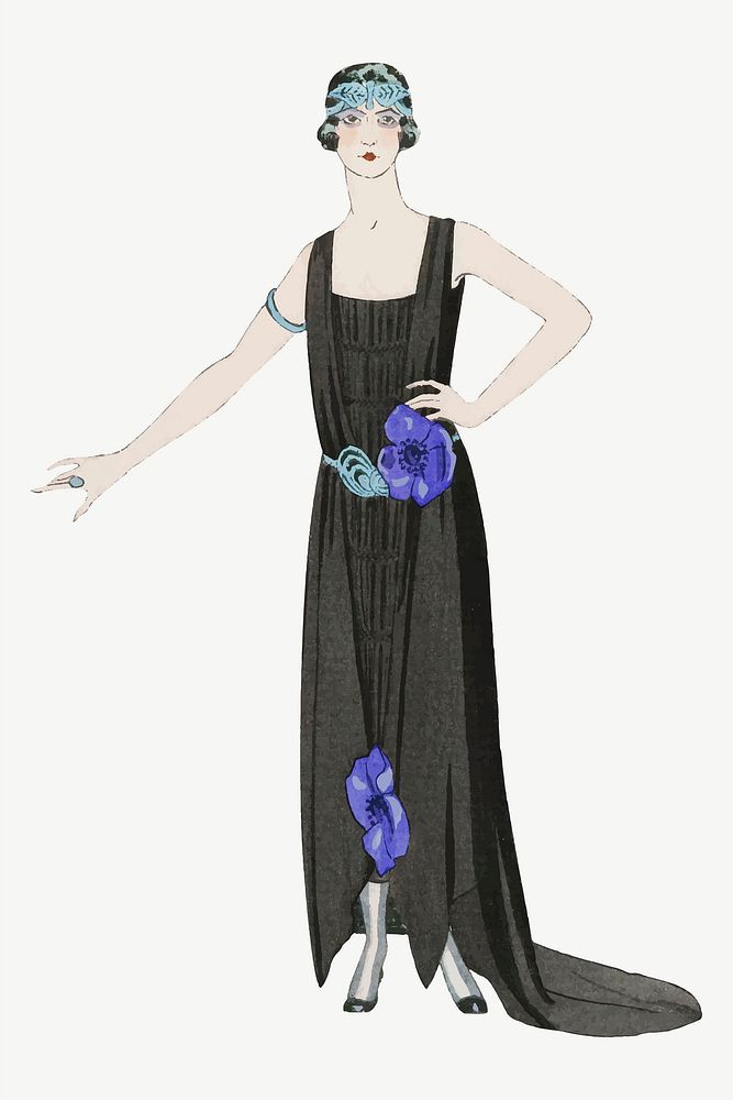 Woman in black dress vector 19th century fashion, remix from artworks by George Barbier