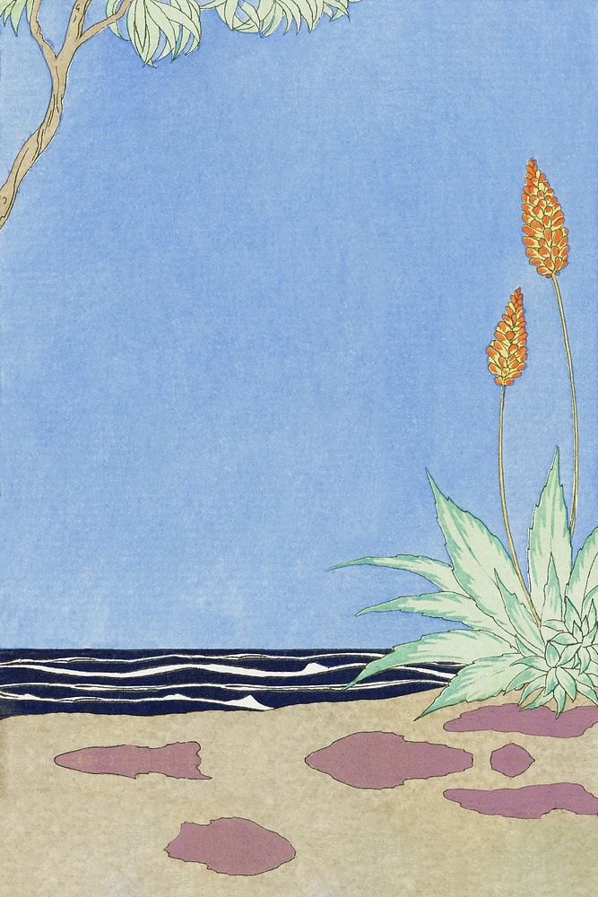 Tropical beach background, remix from artworks by George Barbier