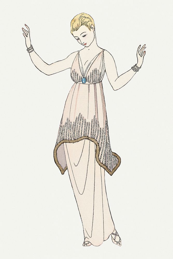 Woman in white party dress 19th century fashion, remix from artworks by George Barbier