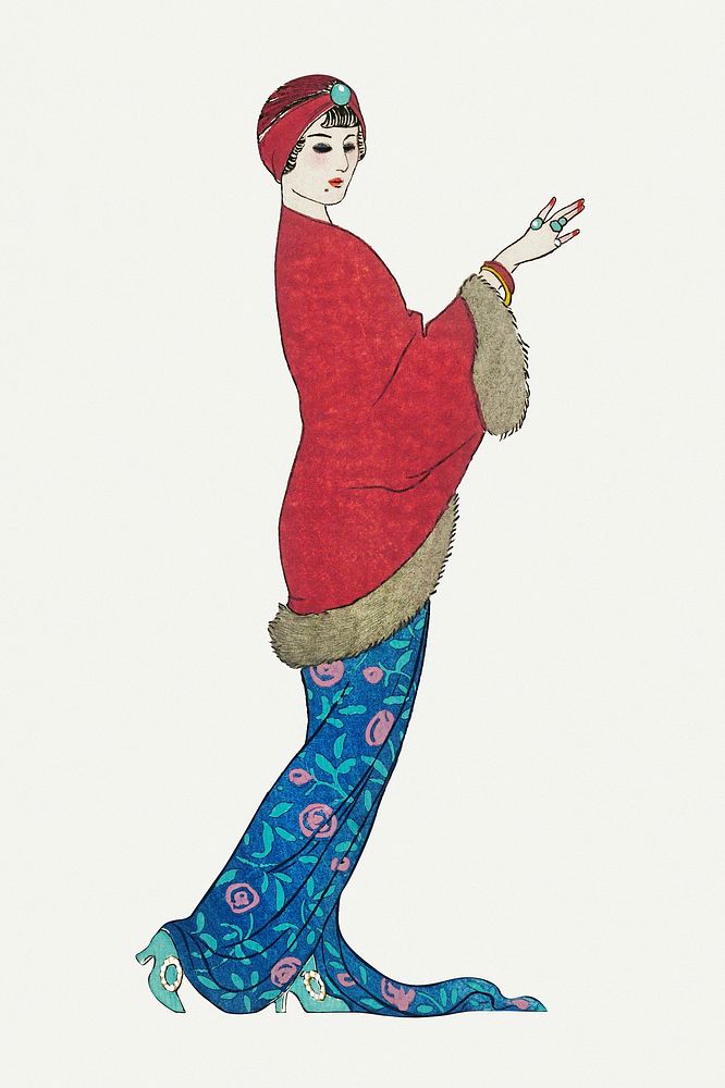 Woman in red coat and floral dress 19th century fashion, remix from artworks by George Barbier