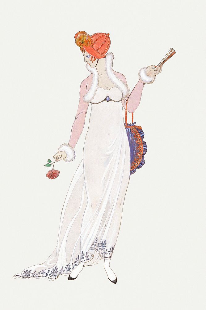 Beautiful woman in a white night gown 19th century fashion, remix from artworks by George Barbier