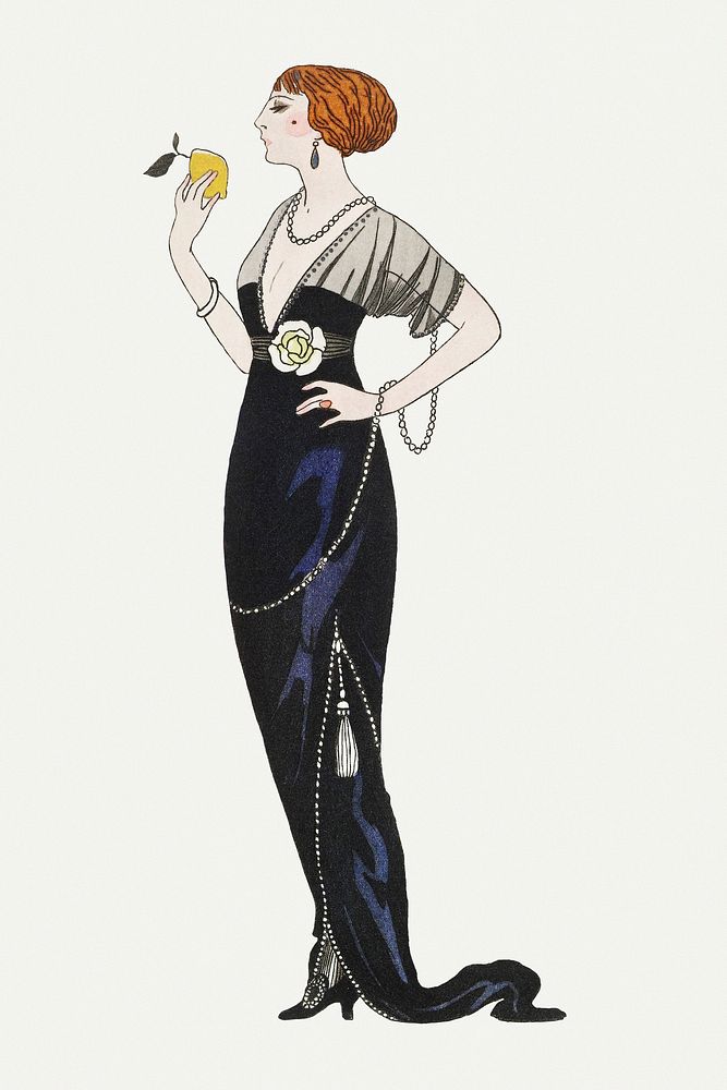 Beautiful woman in party dress 19th century fashion, remix from artworks by George Barbier