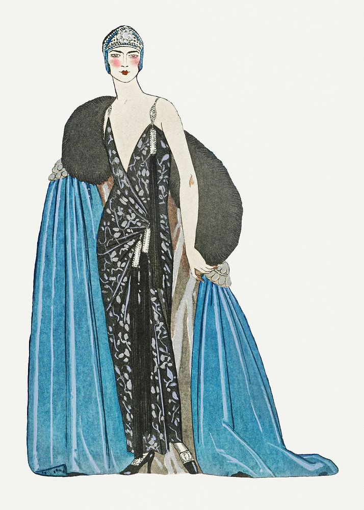 Woman in black party dress 19th century fashion, remix from artworks by George Barbier