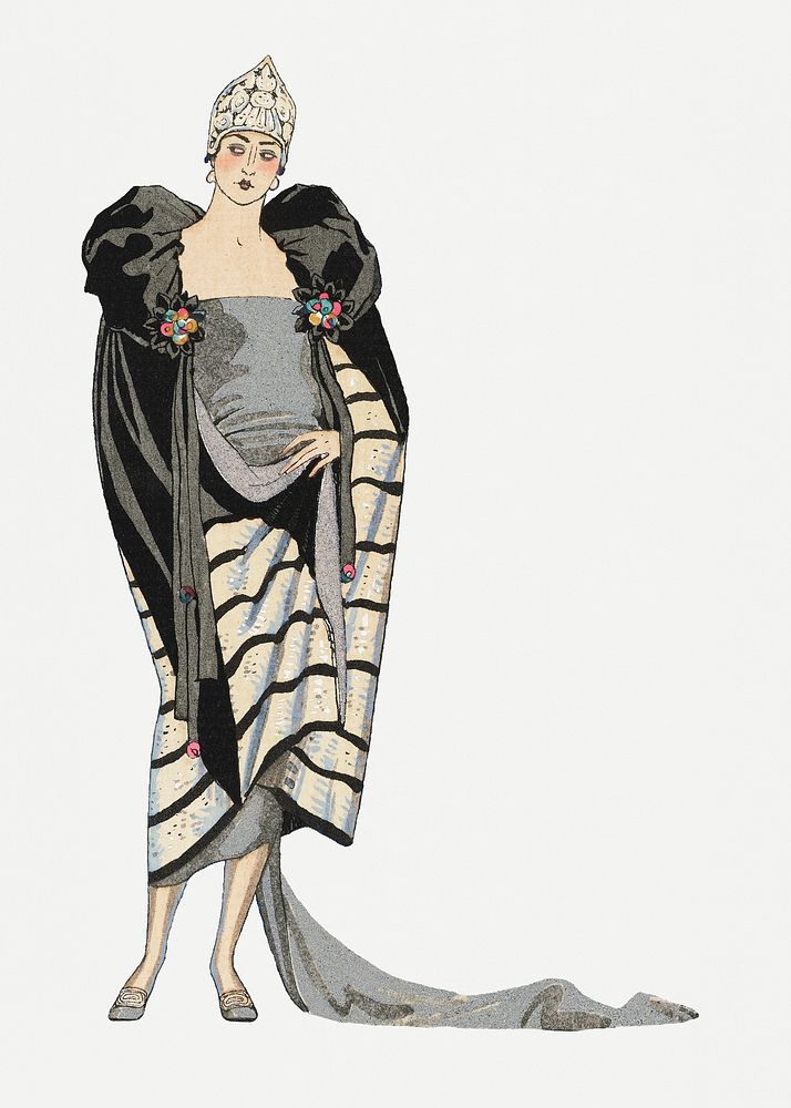 Woman in party dress 19th century fashion, remix from artworks by George Barbier