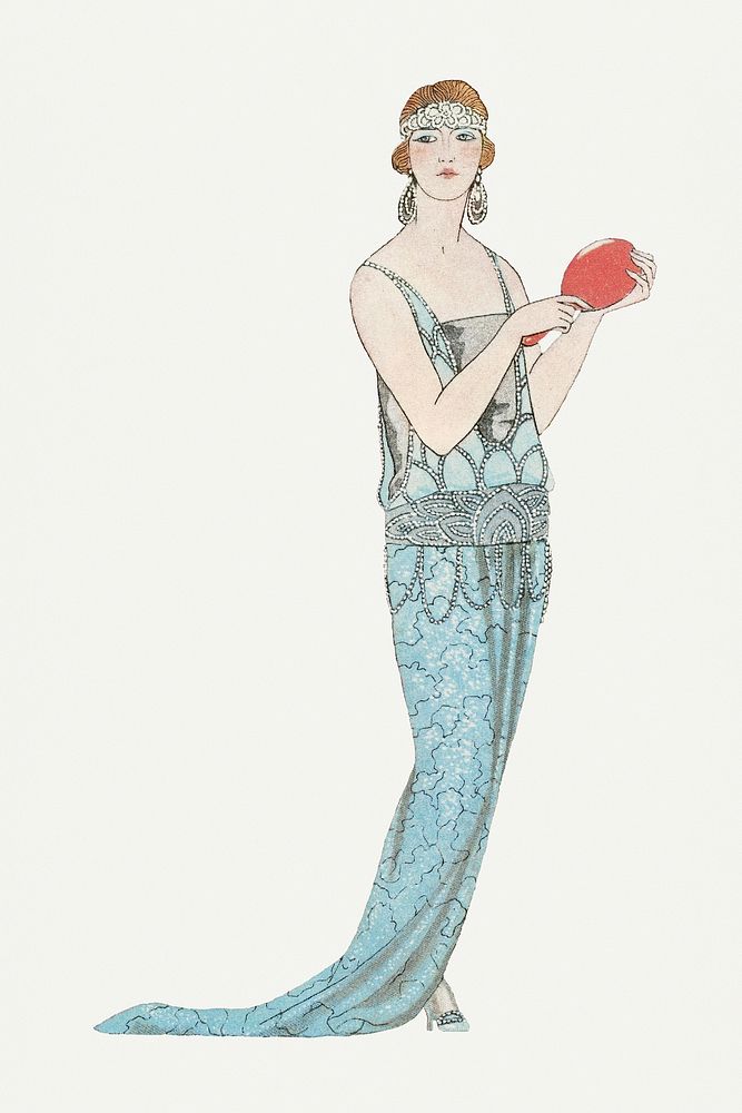 Woman in blue party dress 19th century fashion, remix from artworks by George Barbier