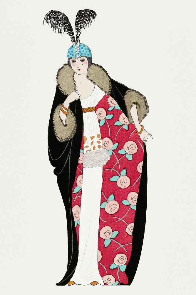 Woman in black coat 19th century fashion, remix from artworks by George Barbier