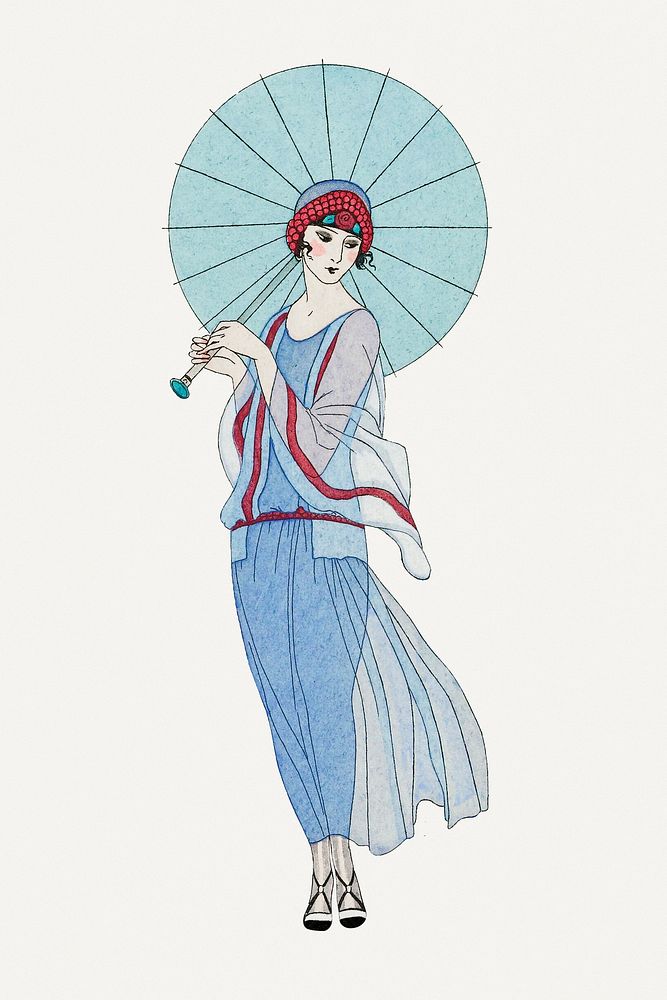 Woman in blue dress with umbrella 19th century fashion, remix from artworks by George Barbier