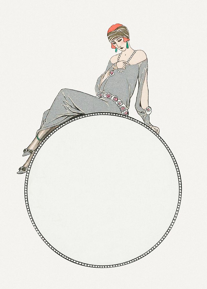 Woman in gray dress on round frame 19th century fashion, remix from artworks by George Barbier