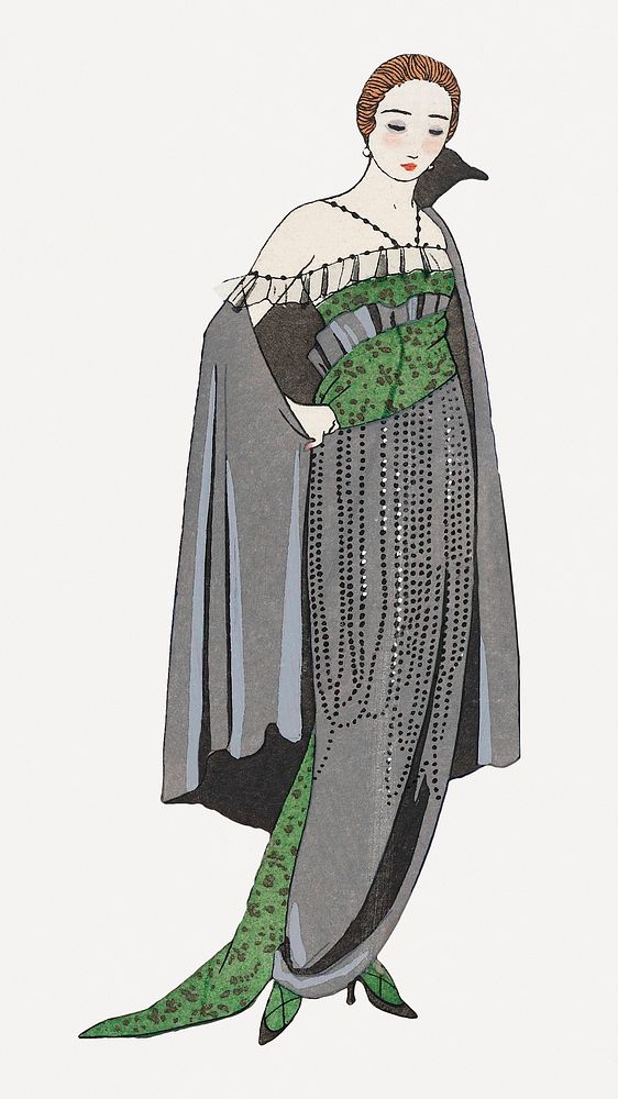 Woman in gray dress 19th century fashion, remix from artworks by George Barbier