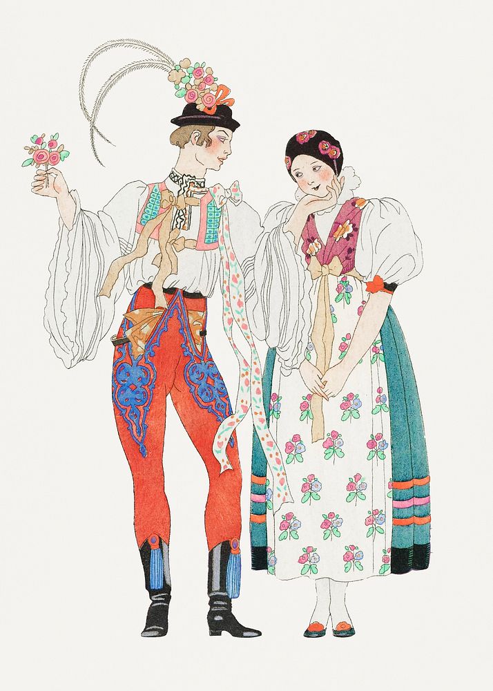 Traditional Parisian fashion set, remix from artworks by George Barbier