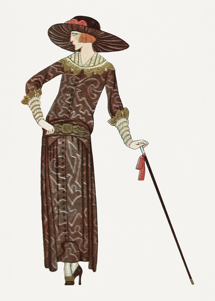 Woman in patterned dress 19th century fashion, remix from artworks by George Barbier