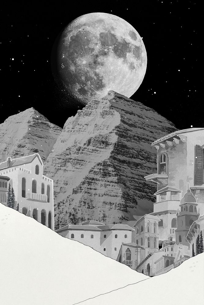 Mediterranean buildings with super moon background, remix from artworks by George Barbier