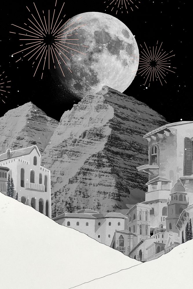 Mediterranean buildings with super moon and firework background, remix from artworks by George Barbier