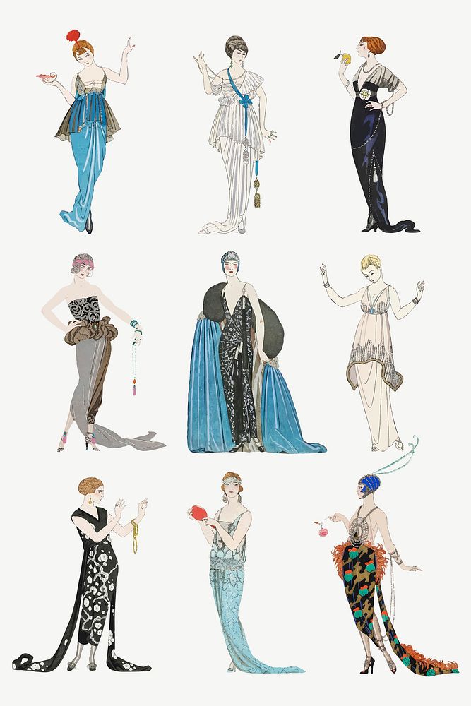 1920s women's fashion vector party dress set, remix from artworks by George Barbier