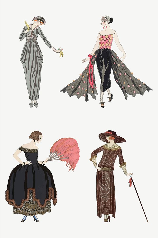 Vintage feminine 1920's fashion vector set, remix from artworks by George Barbier