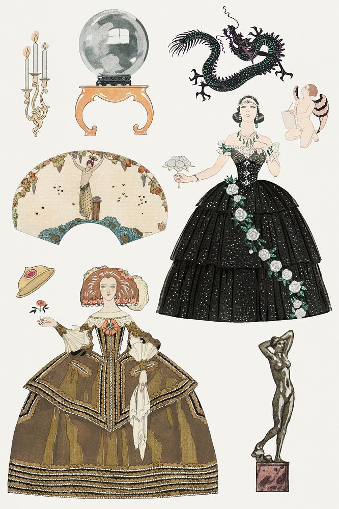 Victorian dress psd 19th century fashion set, remix from artworks by George Barbier