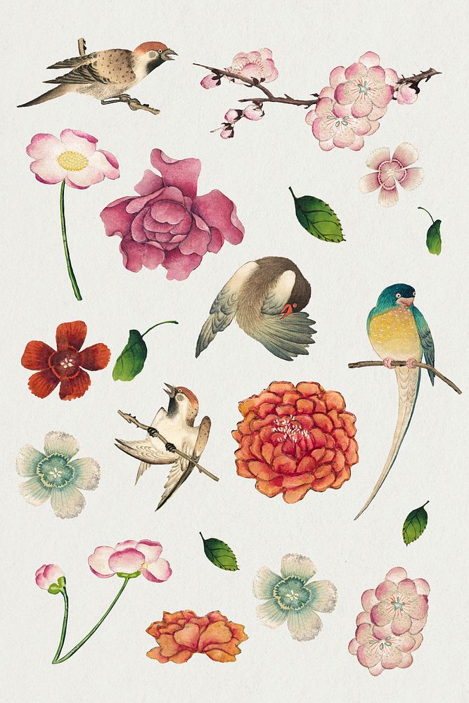 Chinese flower and bird set, remix from artworks by Zhang Ruoai