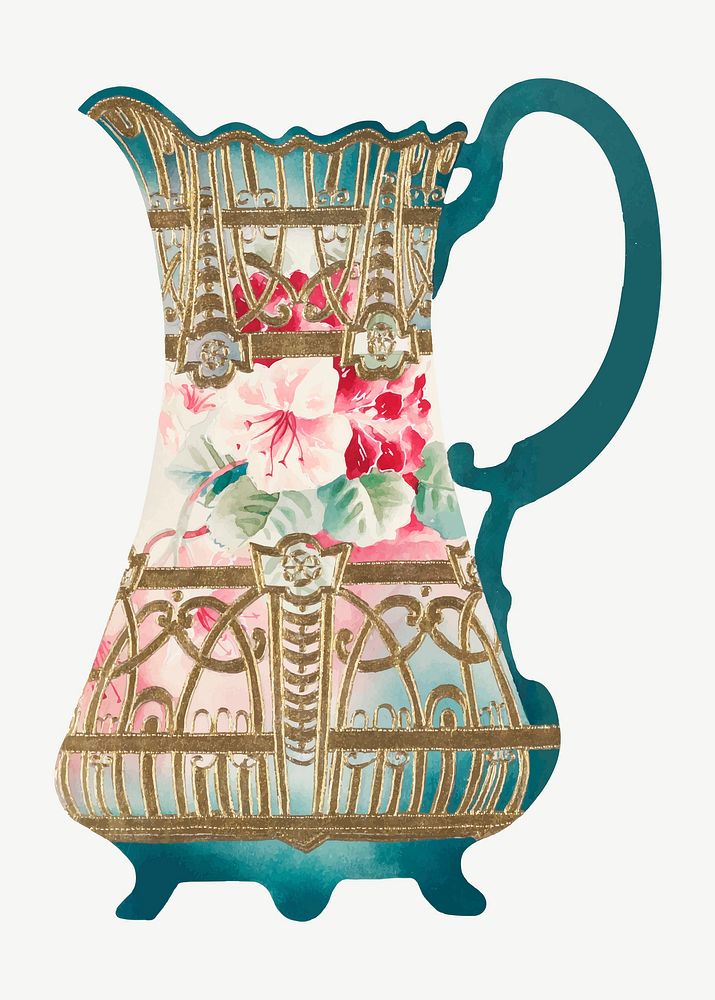 Vintage flowers and leaves pitcher vector, remixed from Noritake factory china porcelain tableware design