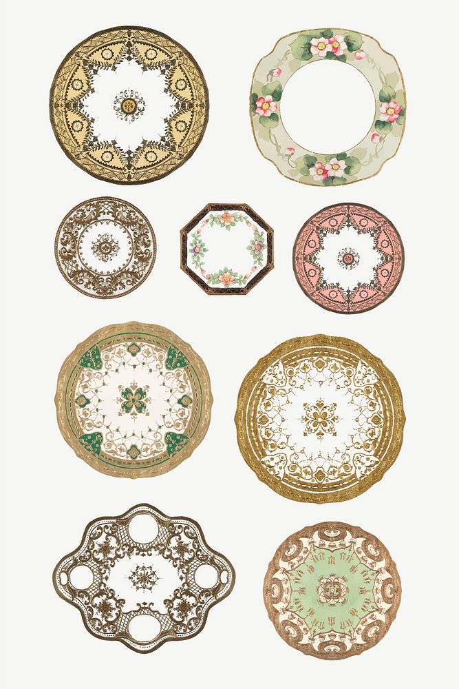 Vintage mandala pattern vector on platter design set, remixed from Noritake factory china porcelain dinnerware design
