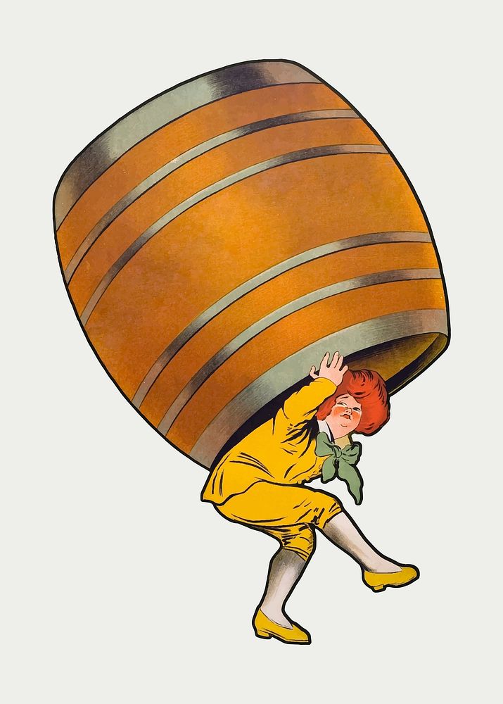 Boy vector carrying alcohol barrel print, remixed from artworks by Leonetto Cappiello