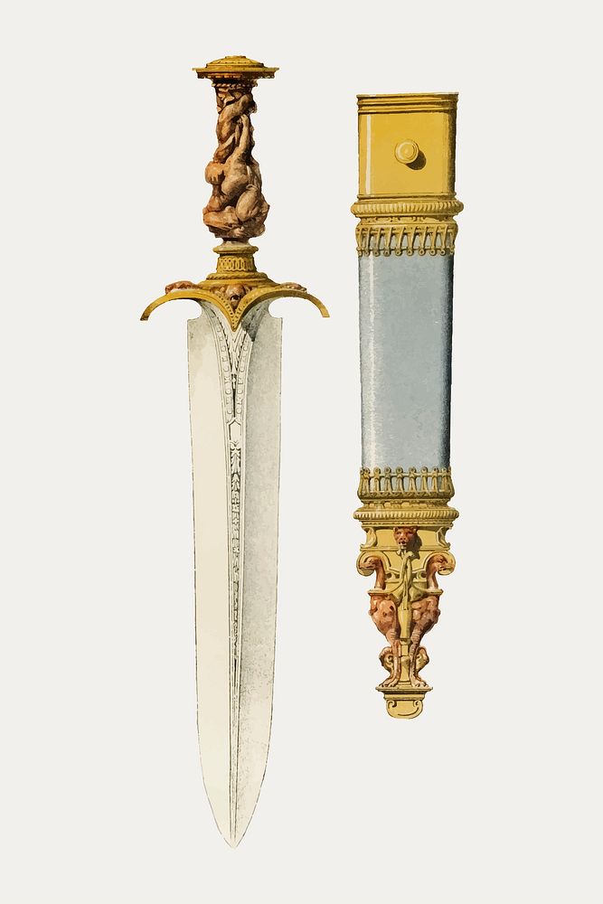 Ancient dagger illustration, melee weapon with sheath vector, remix from the artwork of Sir Matthew Digby Wyatt