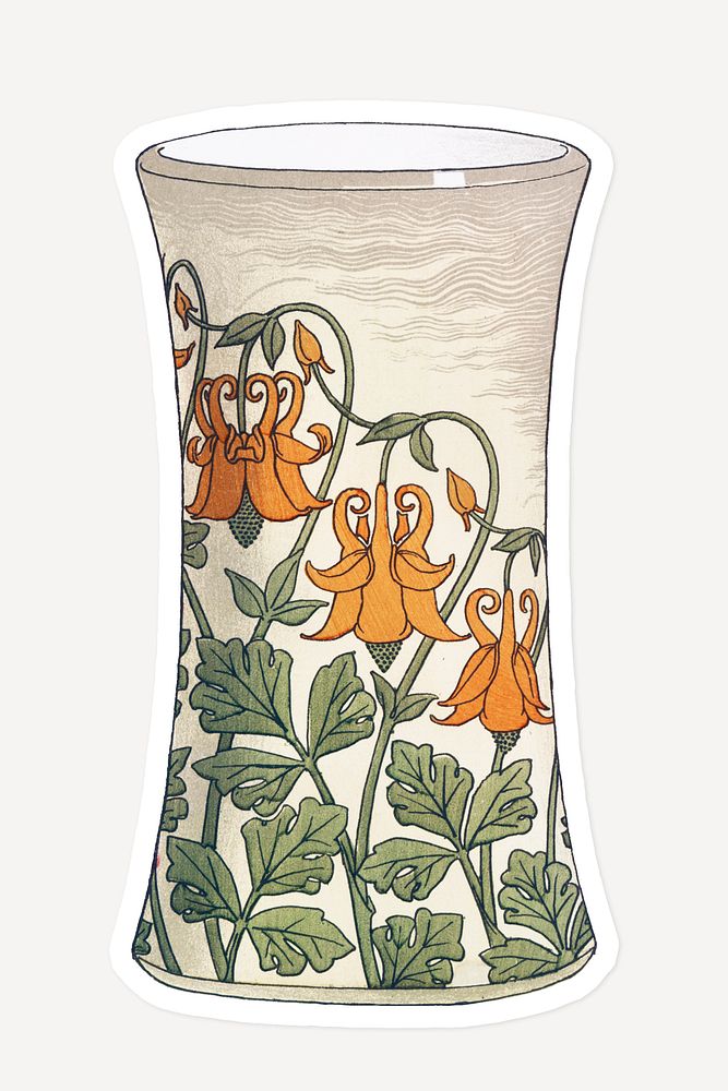 Vintage columbine flower pattern vase sticker with white border design element