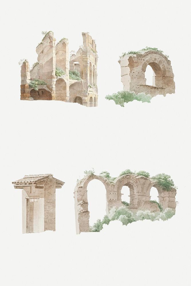 Hand drawn watercolor part of an aqueduct in Rome collection design elements