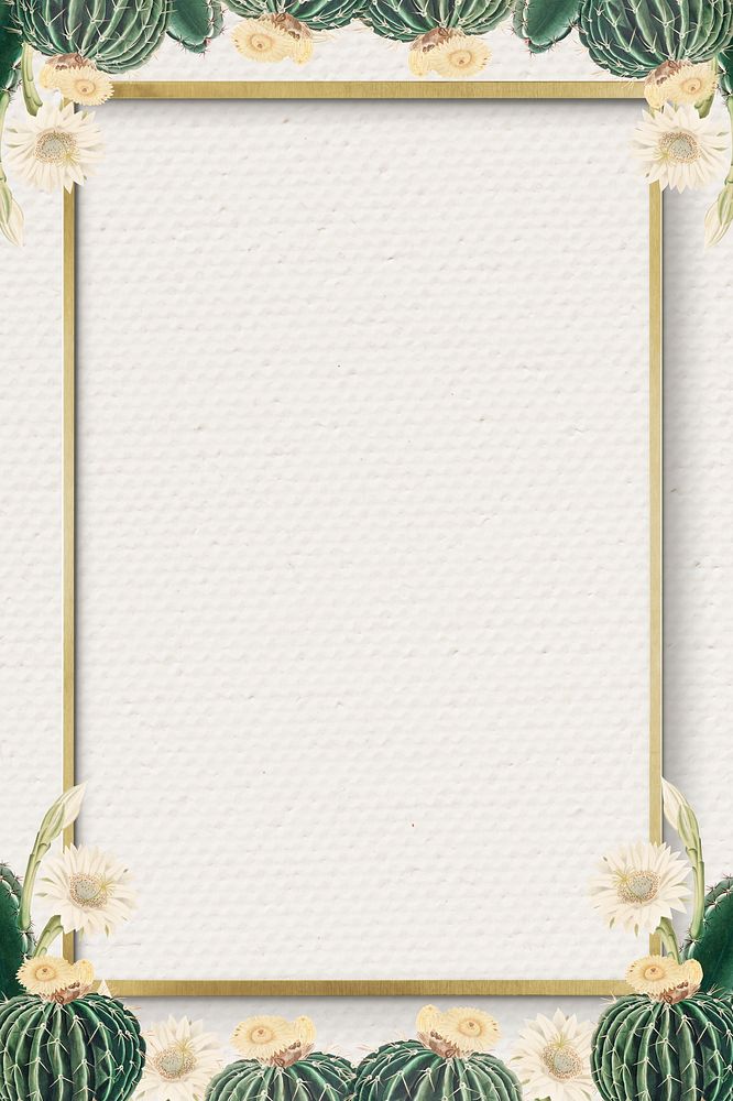 Rectangle gold frame with vintage cactus on paper background design element