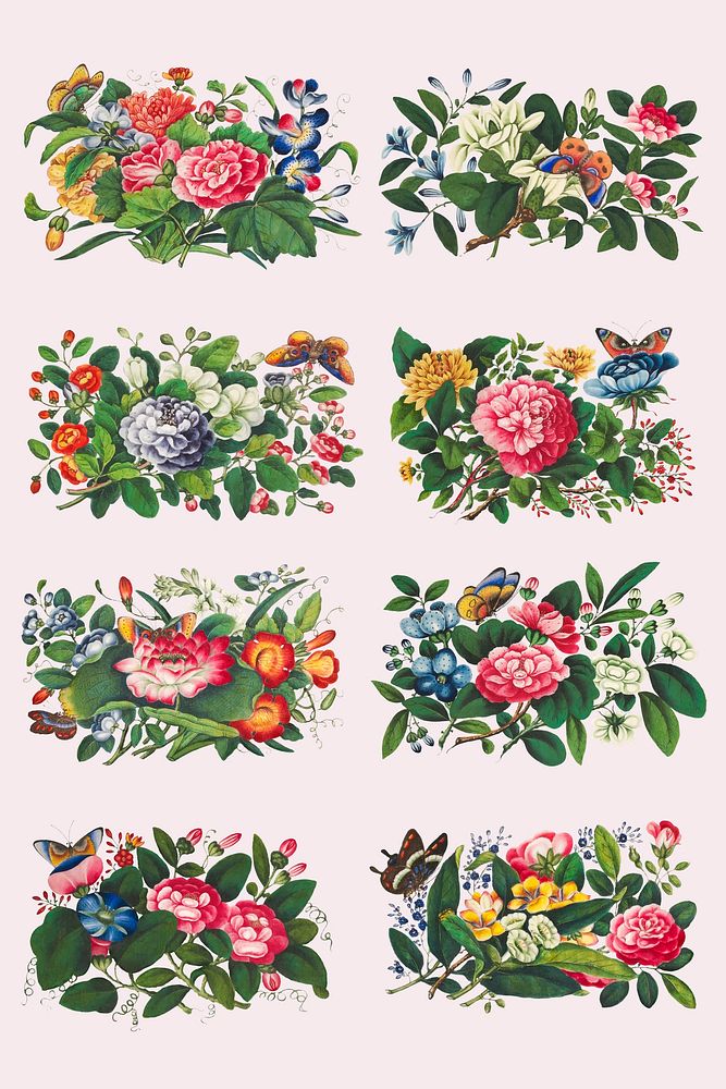 Beautiful vintage Chinese flower arrangement set vector