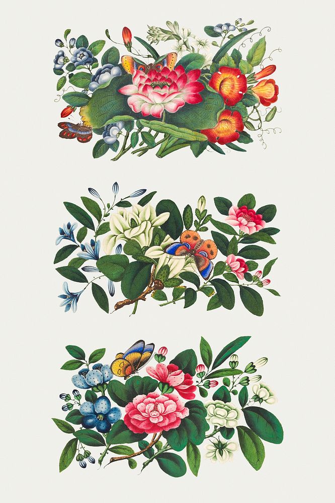 Beautiful vintage Chinese flower arrangements set mockup