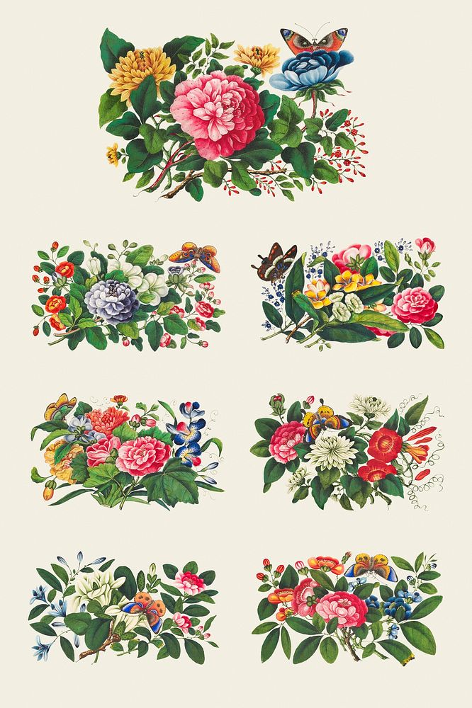 Beautiful vintage Chinese flower arrangements set mockup