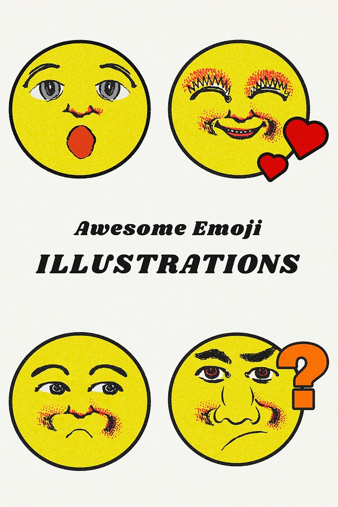Vintage yellow round emoji illustration set design element