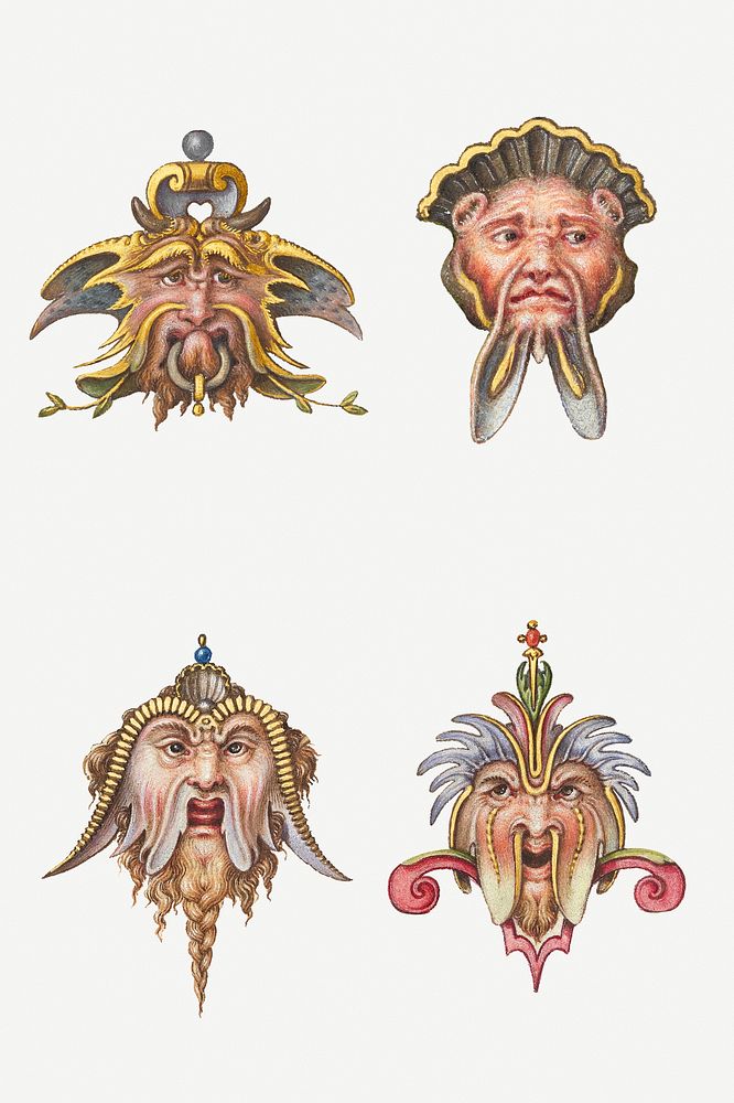 Mythical troll creature face psd set, remix from The Model Book of Calligraphy Joris Hoefnagel and Georg Bocskay