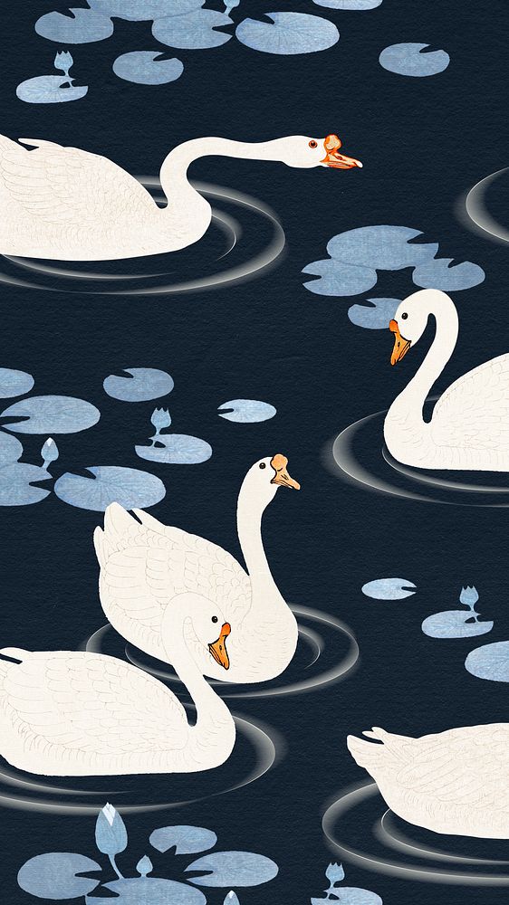 Swimming white geese in a lake pattern on a dark blue phone wallpaper illustration