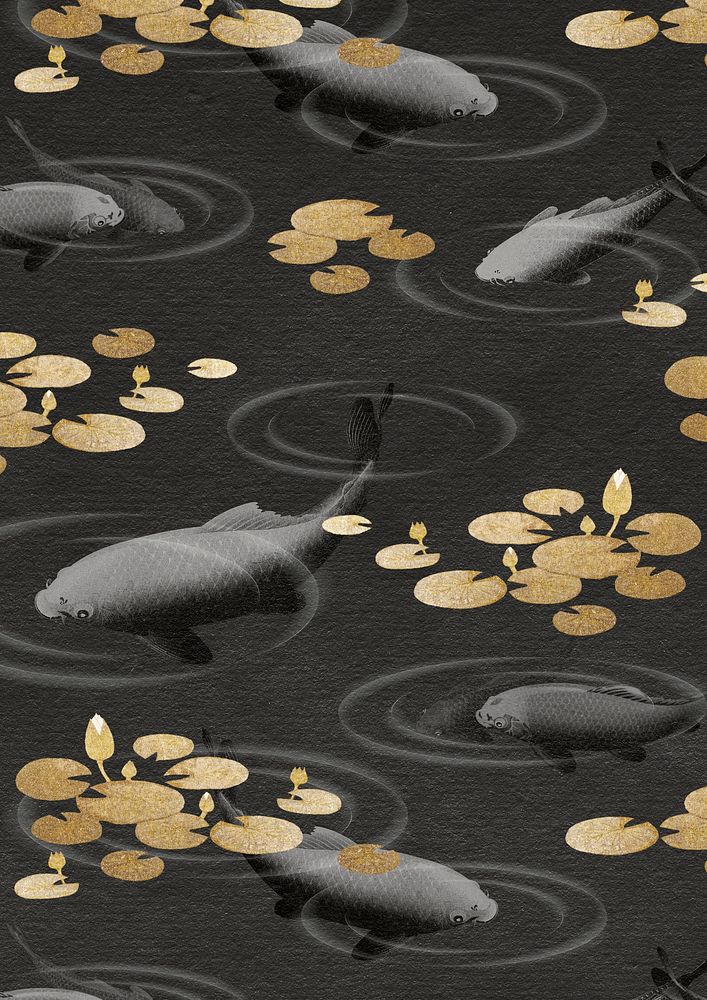 Swimming gold koi with gold lotus patterned background illustration